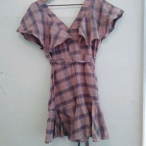 Topshop short pink plaid dress with ruffle sleeves